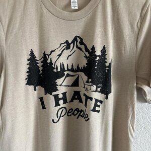 I Hate People Mountain Scene Graphic Tee Oatmeal Tan T Shirt Unisex Size Medium
